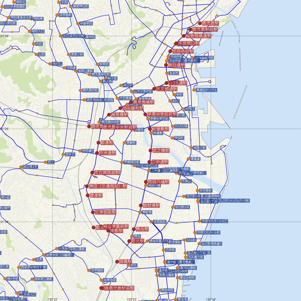 武之橋駅（鹿児島市電）周辺のバス路線図