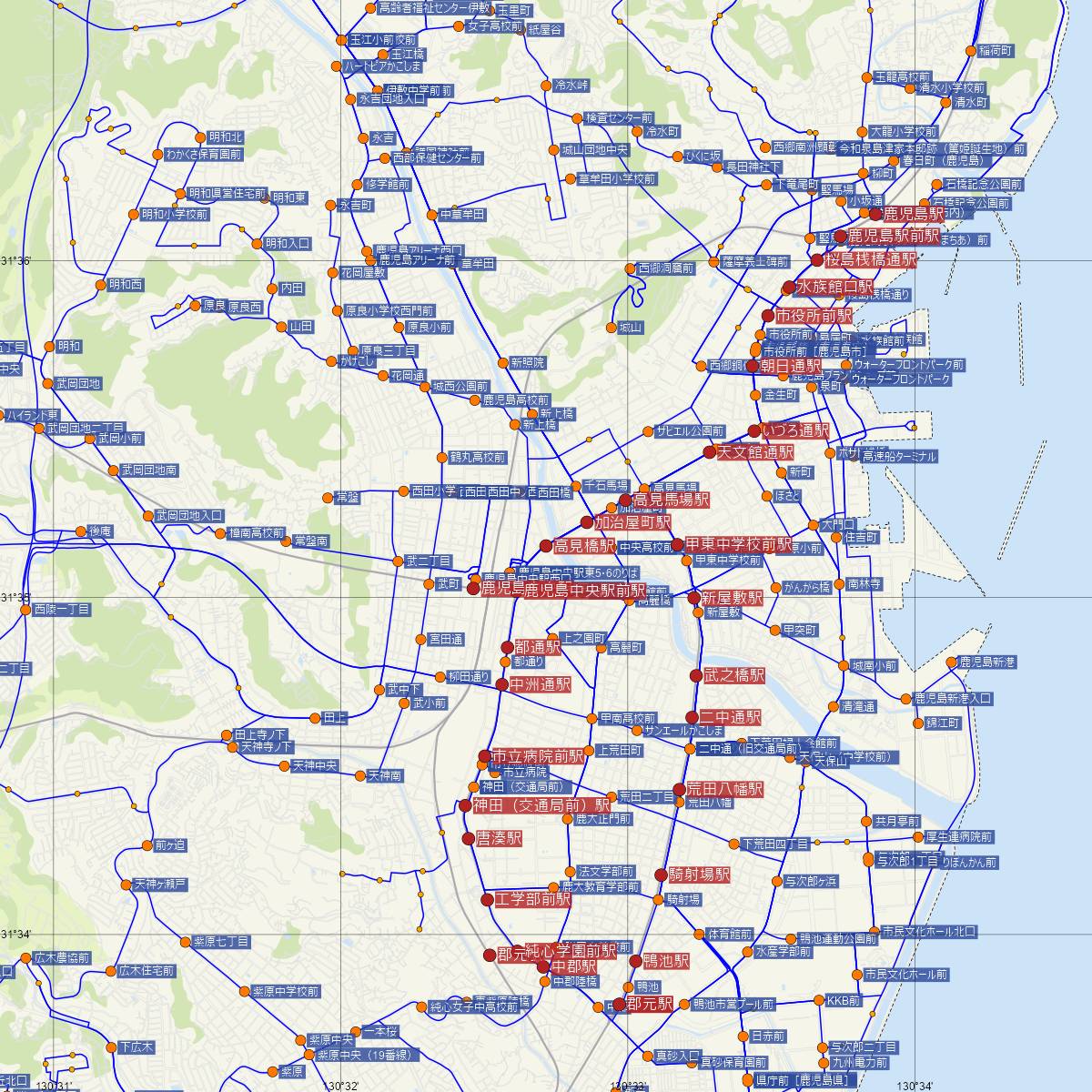 高見橋駅（鹿児島市電）周辺のバス路線図
