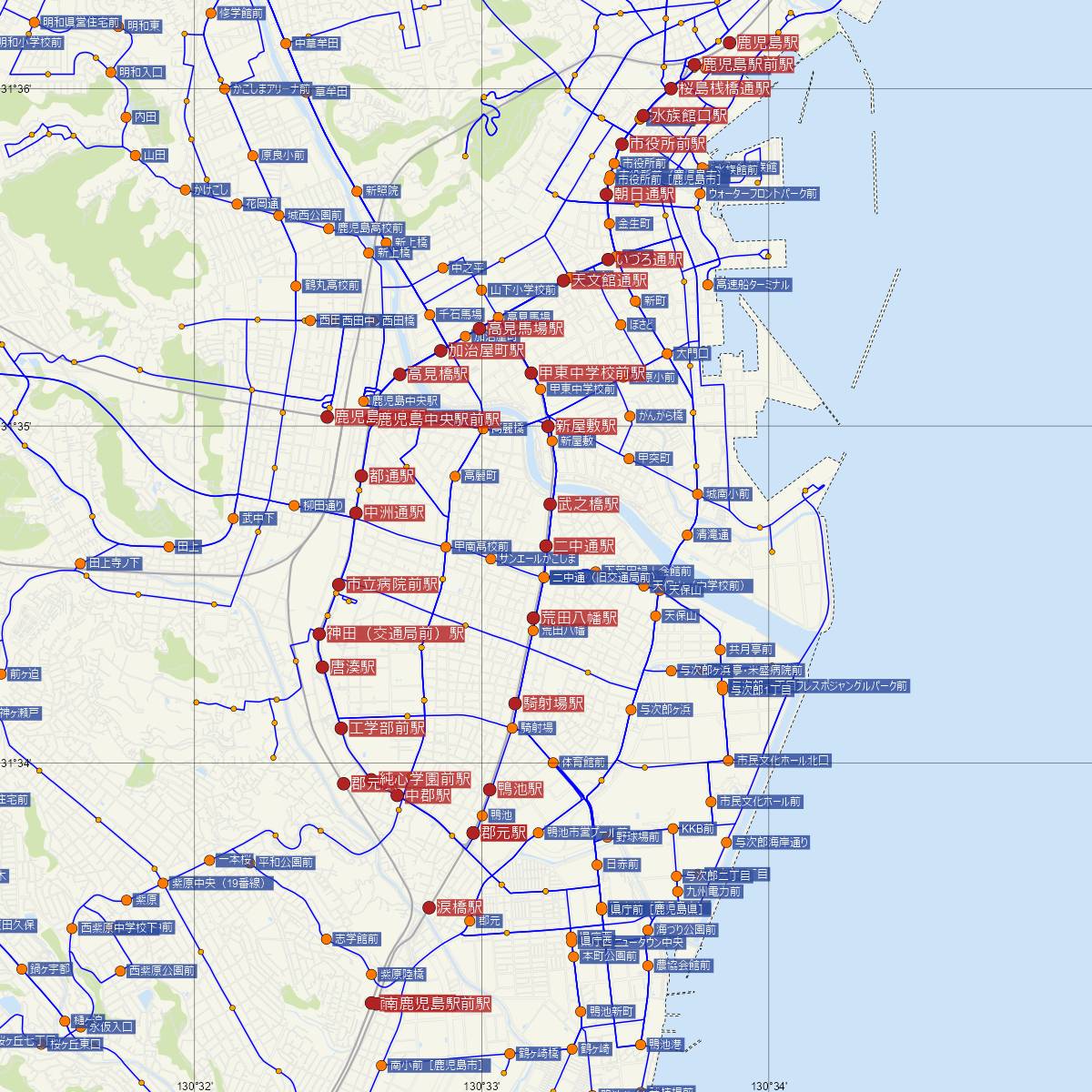 二中通駅（鹿児島市電）周辺のバス路線図