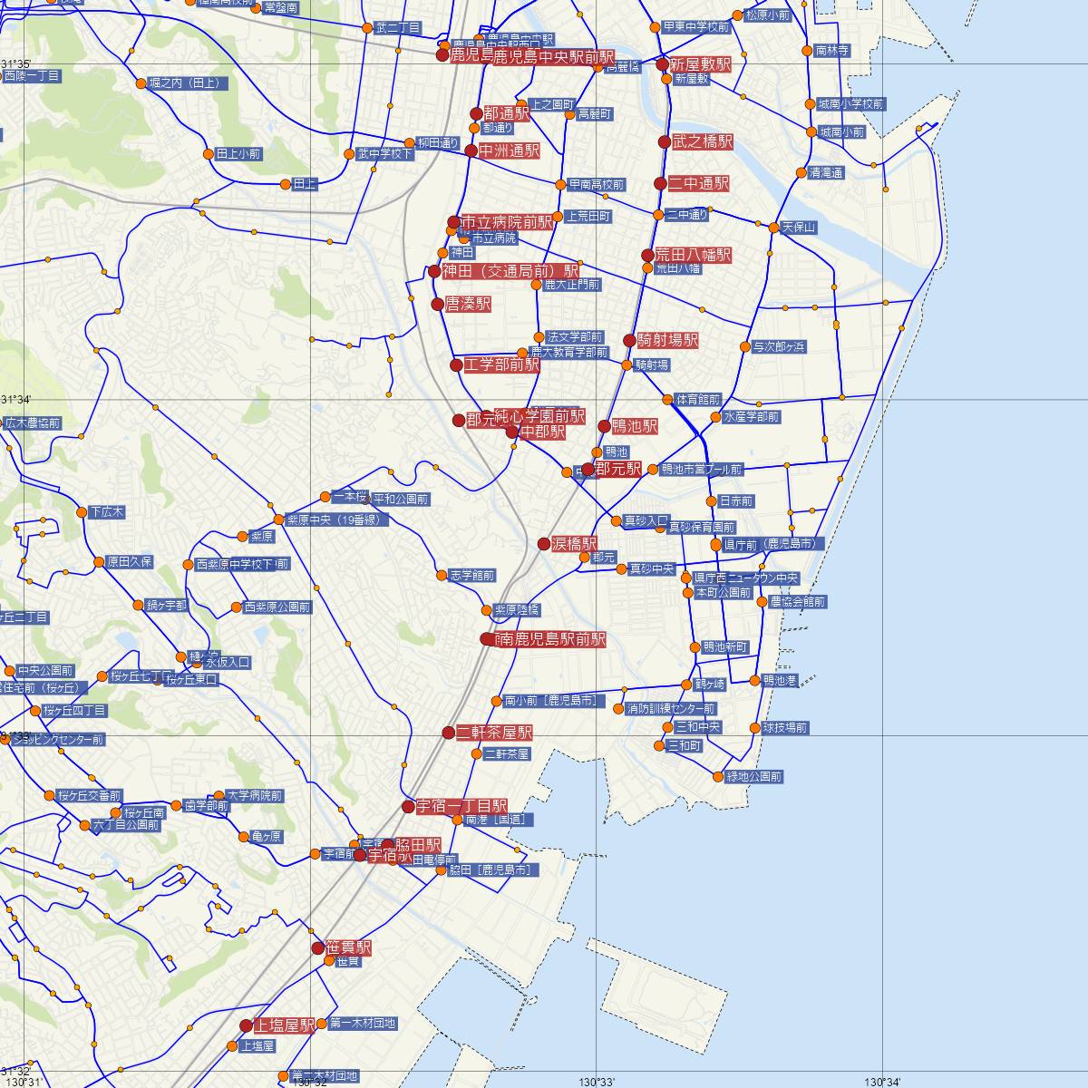 涙橋駅（鹿児島市電）周辺のバス路線図