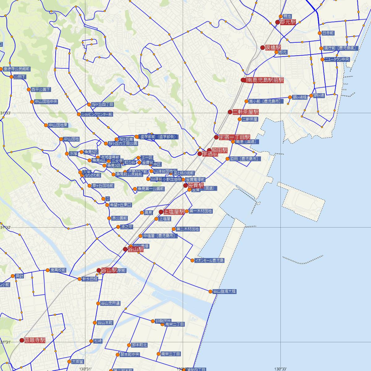 笹貫駅（鹿児島市電）周辺のバス路線図