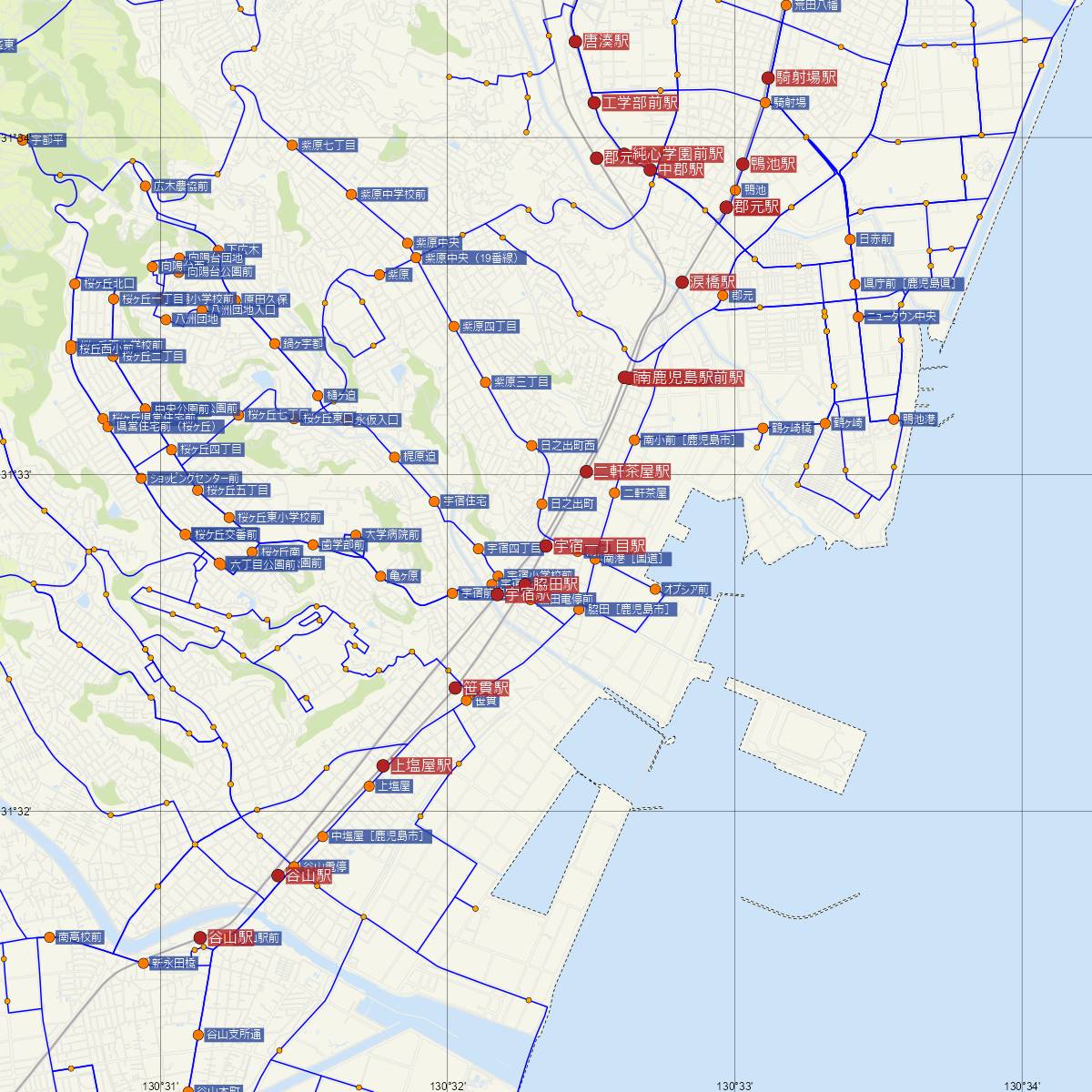 宇宿一丁目駅（鹿児島市電）周辺のバス路線図