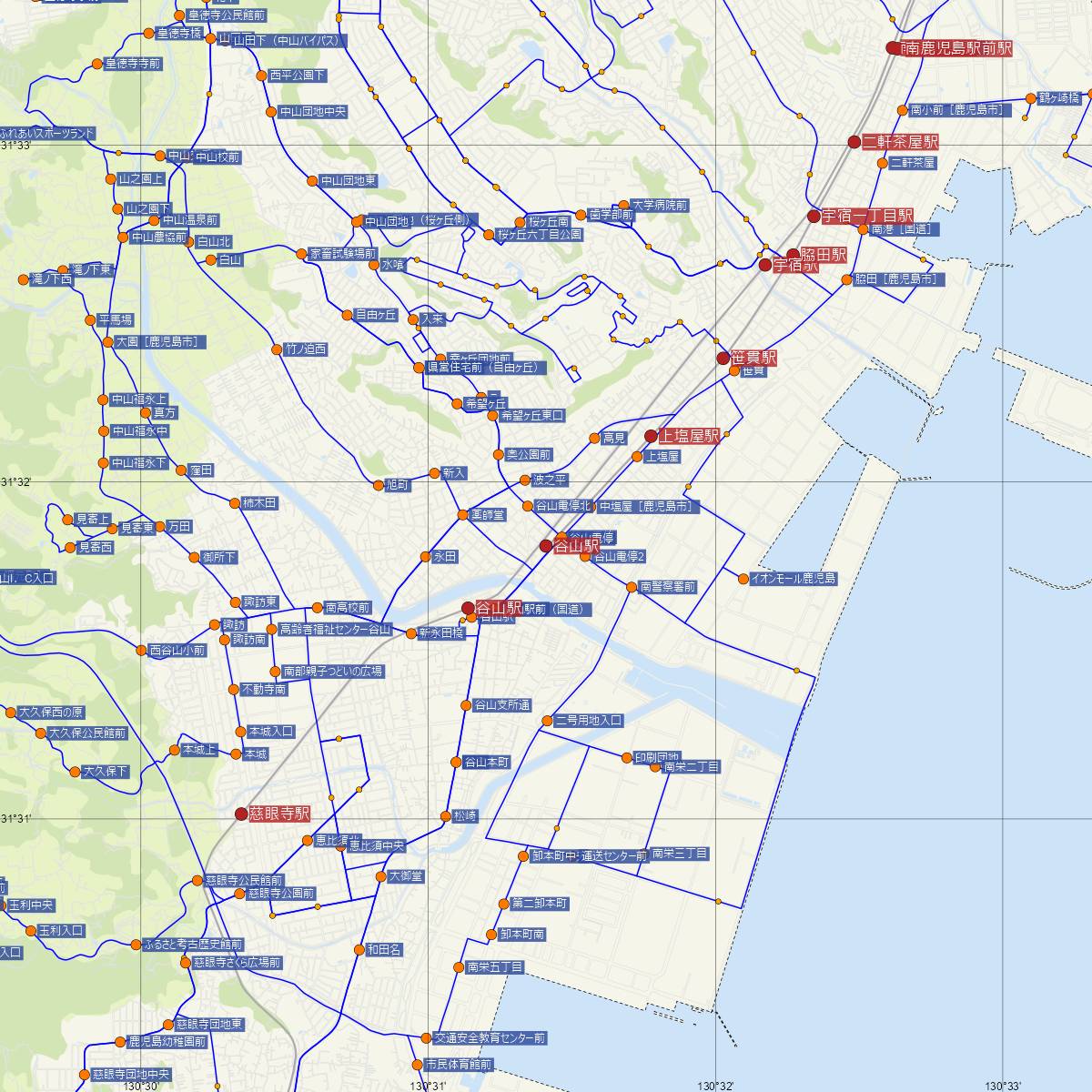 谷山駅（鹿児島市電）周辺のバス路線図