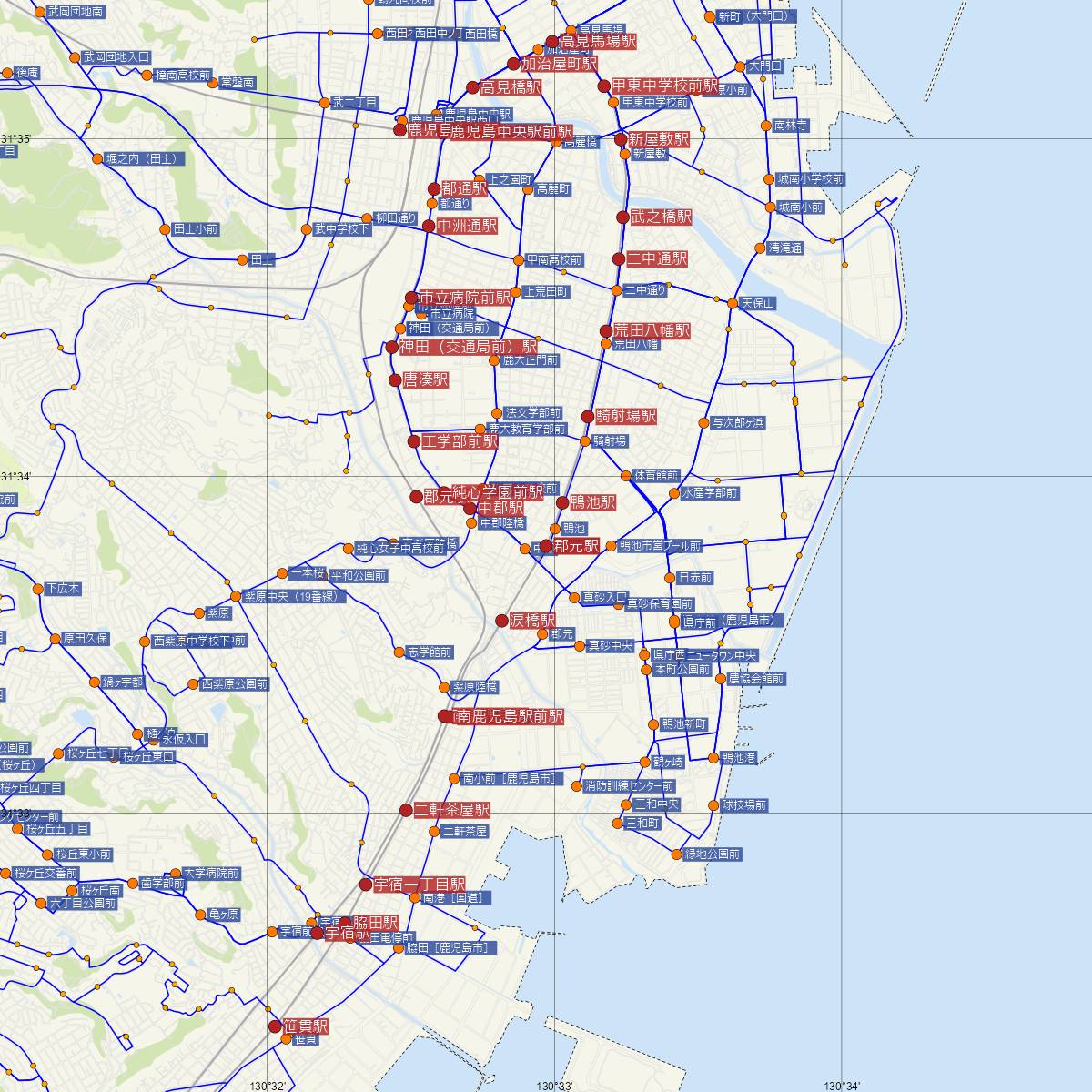 郡元駅（鹿児島市電）周辺のバス路線図