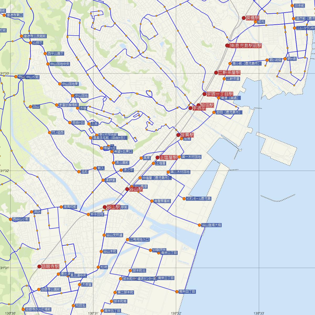 上塩屋駅（鹿児島市電）周辺のバス路線図