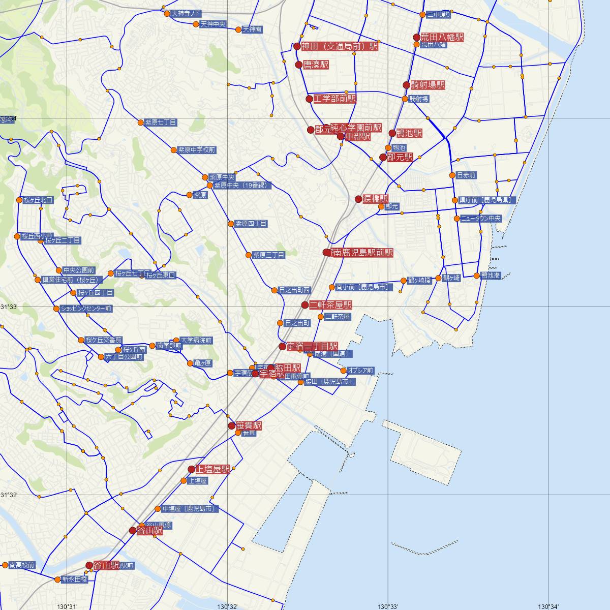 二軒茶屋駅（鹿児島市電）周辺のバス路線図