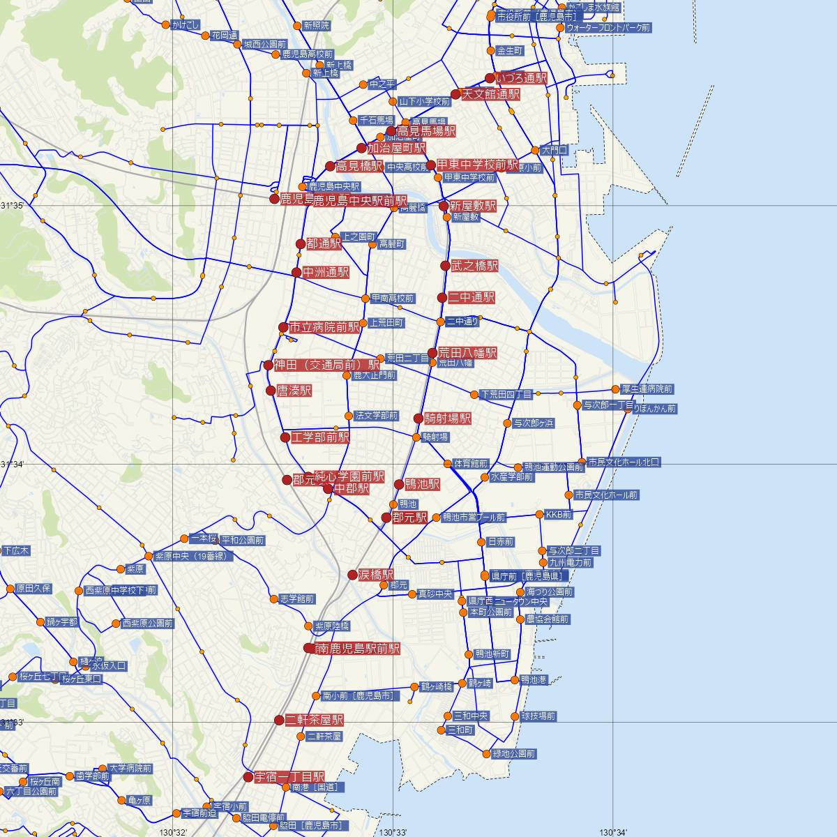 騎射場駅（鹿児島市電）周辺のバス路線図