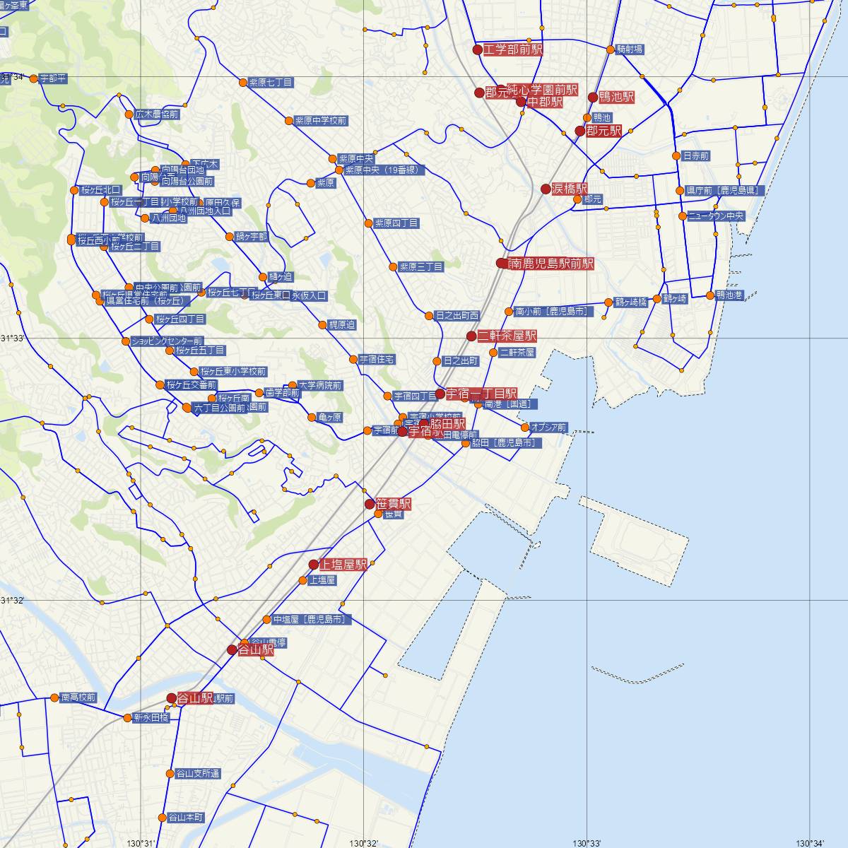 脇田駅（鹿児島市電）周辺のバス路線図