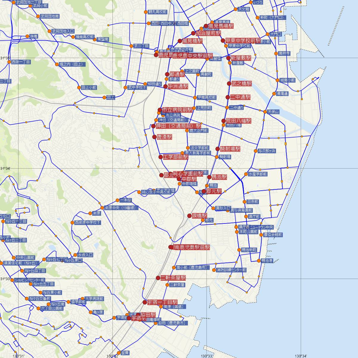 中郡駅（鹿児島市電）周辺のバス路線図