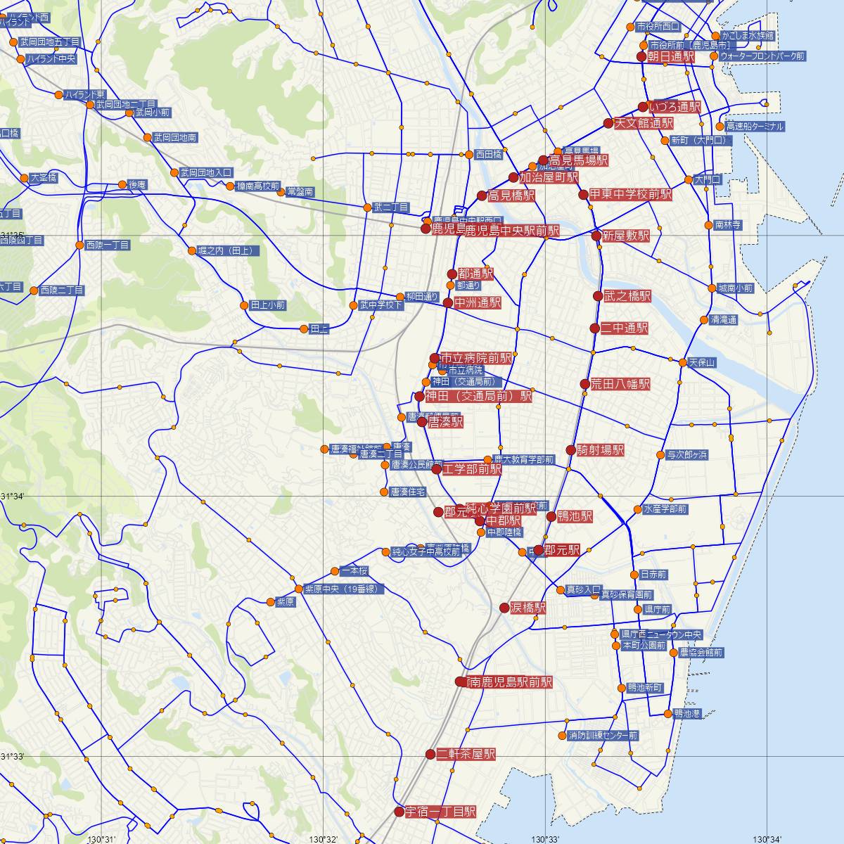 唐湊駅（鹿児島市電）周辺のバス路線図