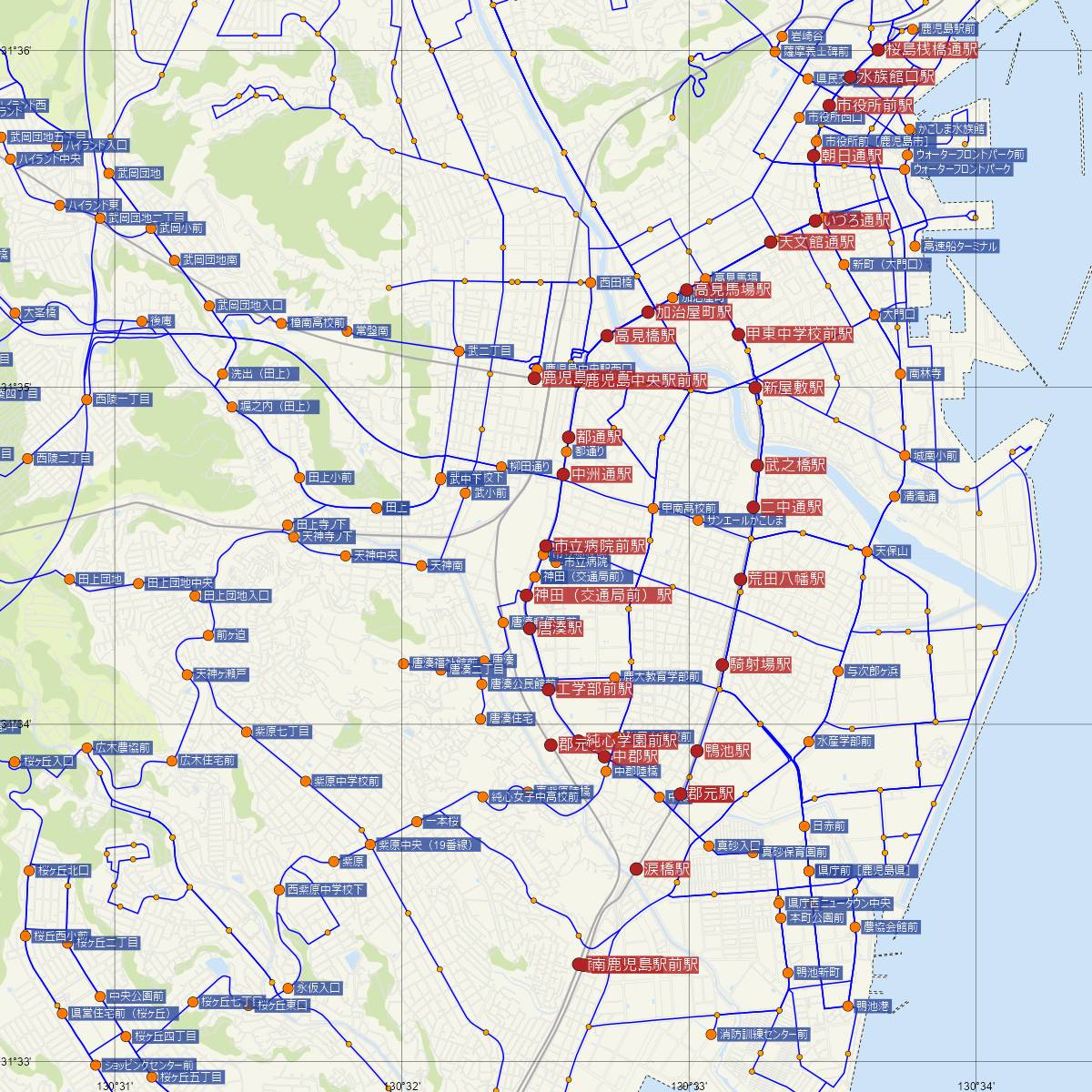 市立病院前駅（鹿児島市電）周辺のバス路線図