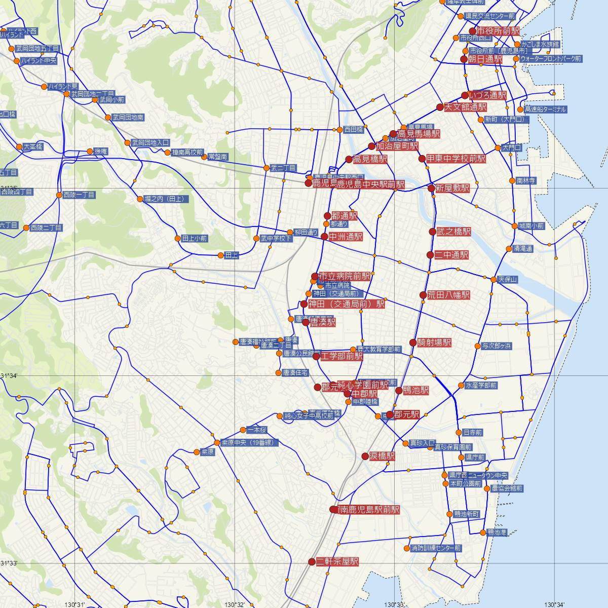 神田（交通局前）駅（鹿児島市電）周辺のバス路線図