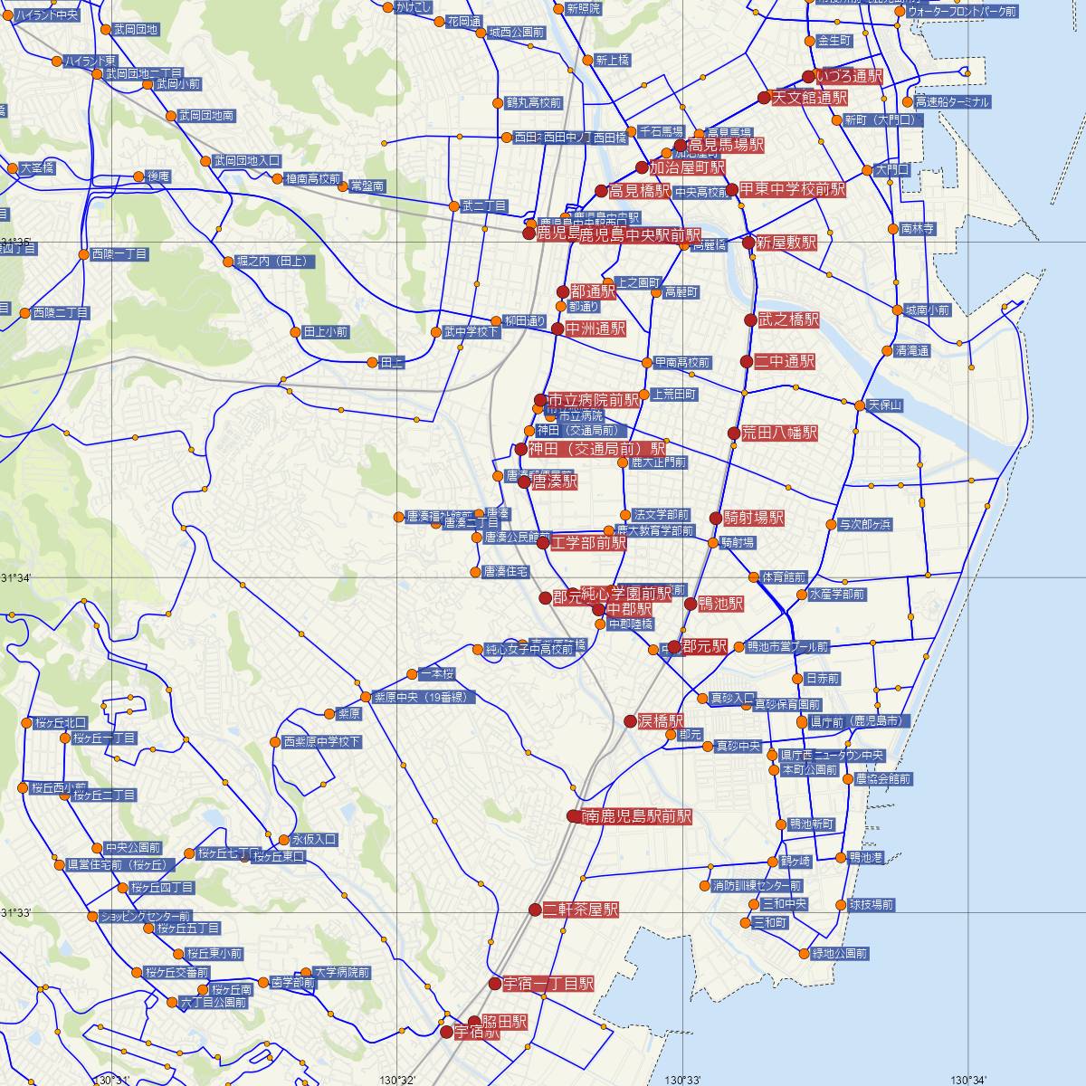 工学部前駅（鹿児島市電）周辺のバス路線図