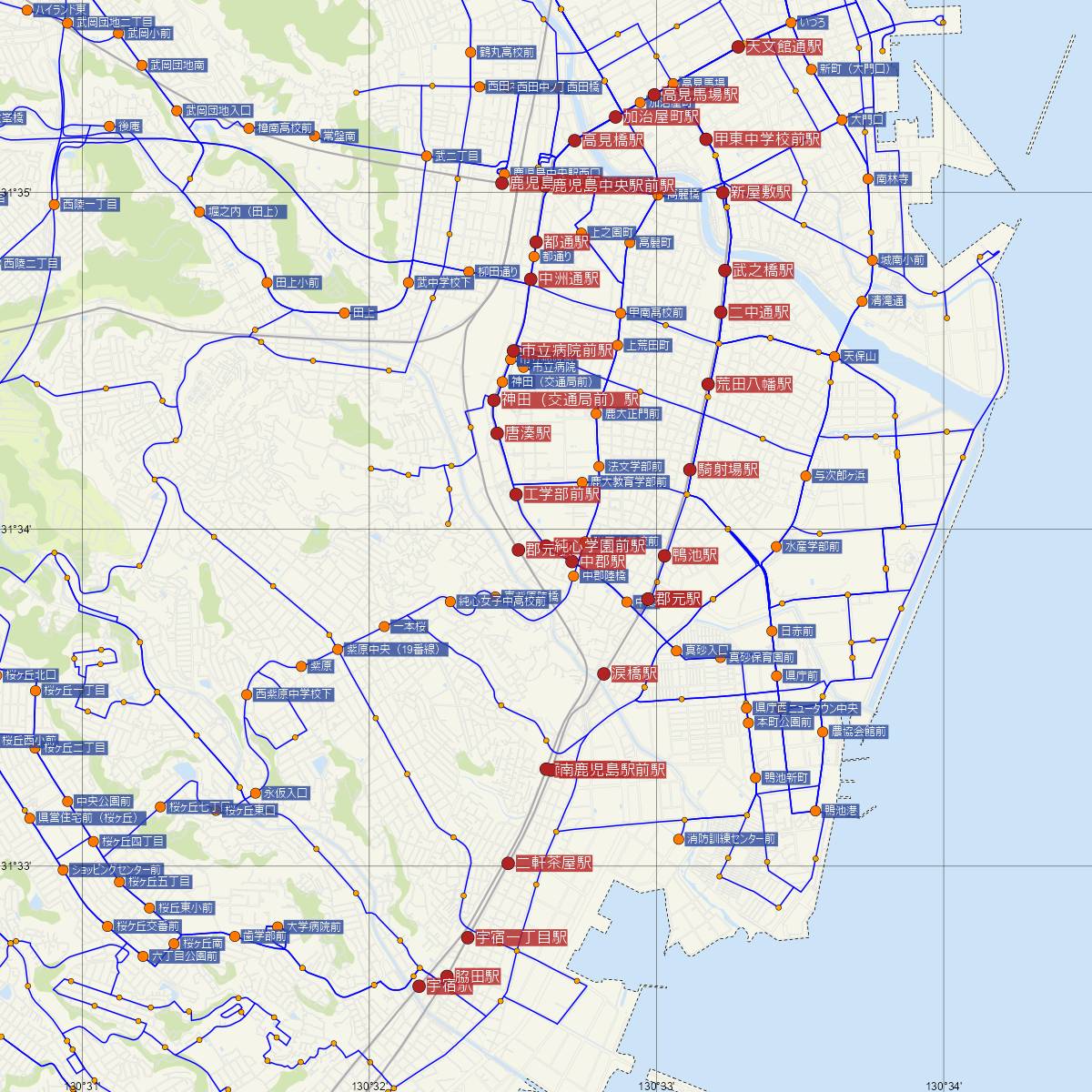 純心学園前駅（鹿児島市電）周辺のバス路線図