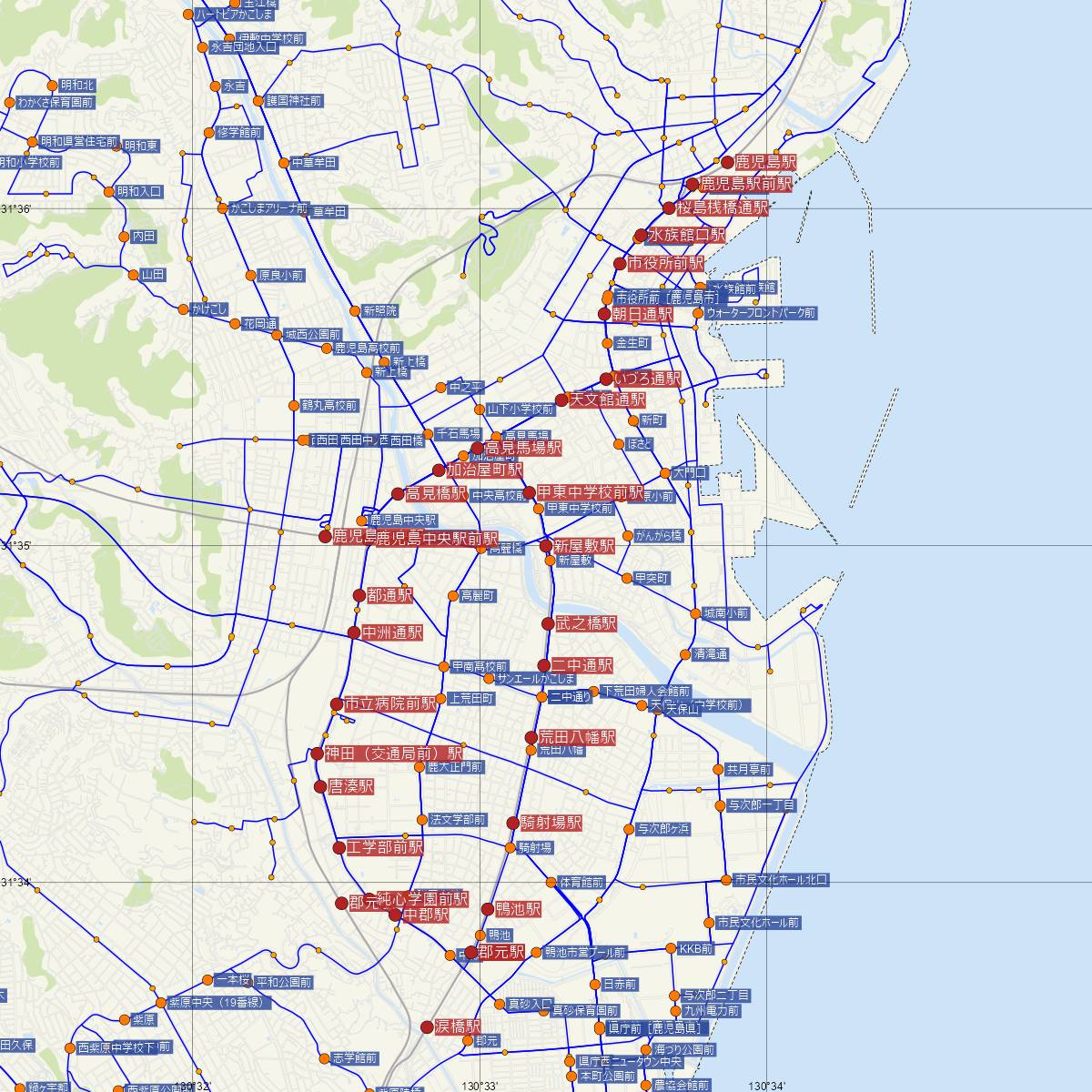 新屋敷駅（鹿児島市電）周辺のバス路線図