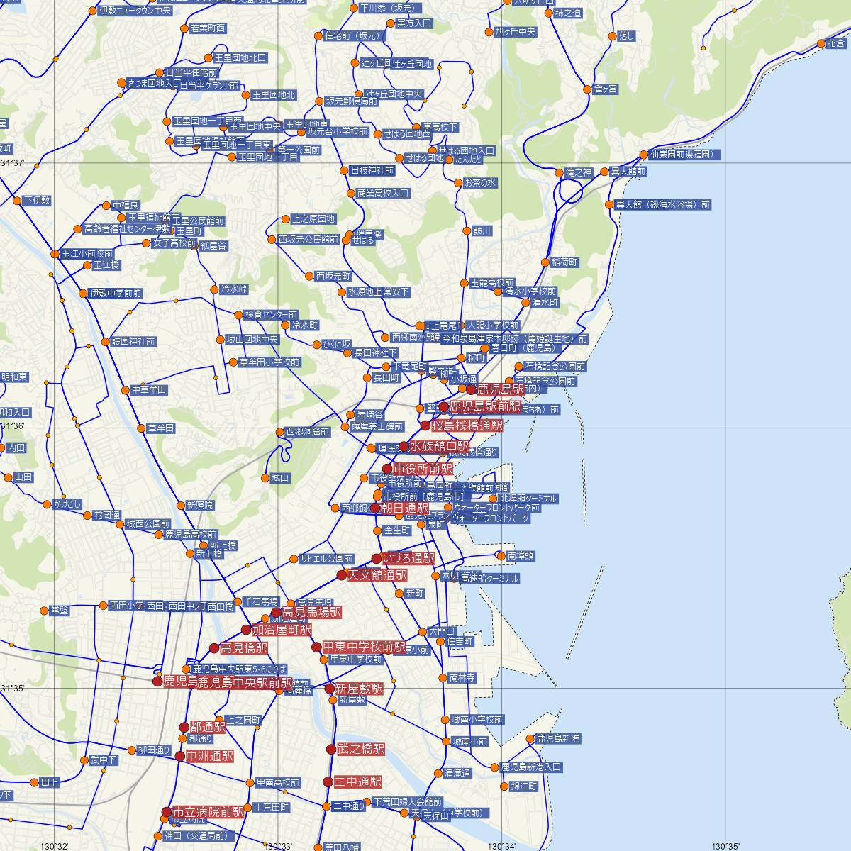 桜島桟橋通駅（鹿児島市電）周辺のバス路線図