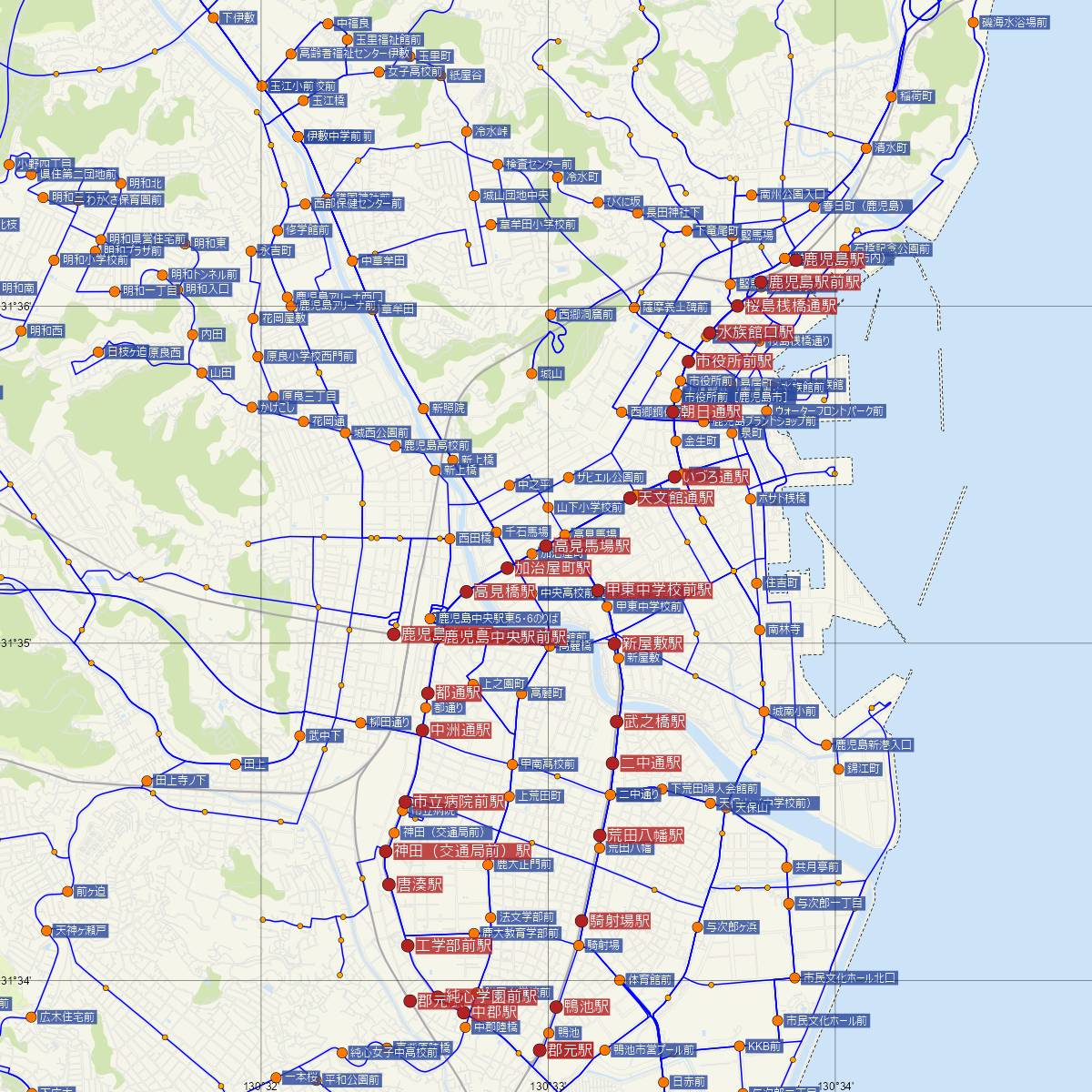 高見馬場駅（鹿児島市電）周辺のバス路線図