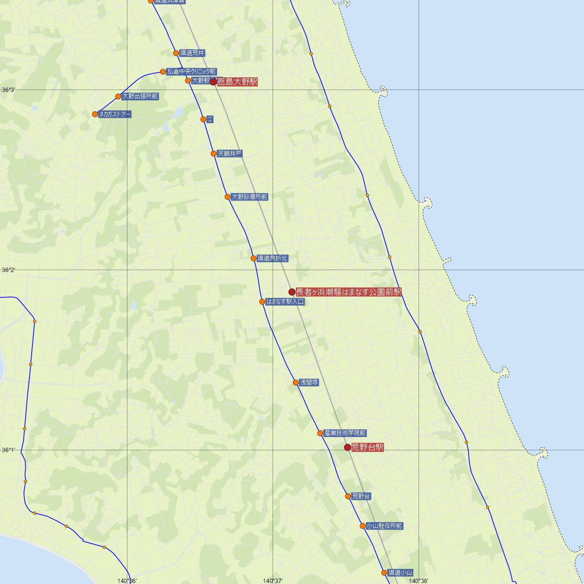 長者ヶ浜潮騒はまなす公園前駅（鹿島臨海鉄道）周辺のバス路線図
