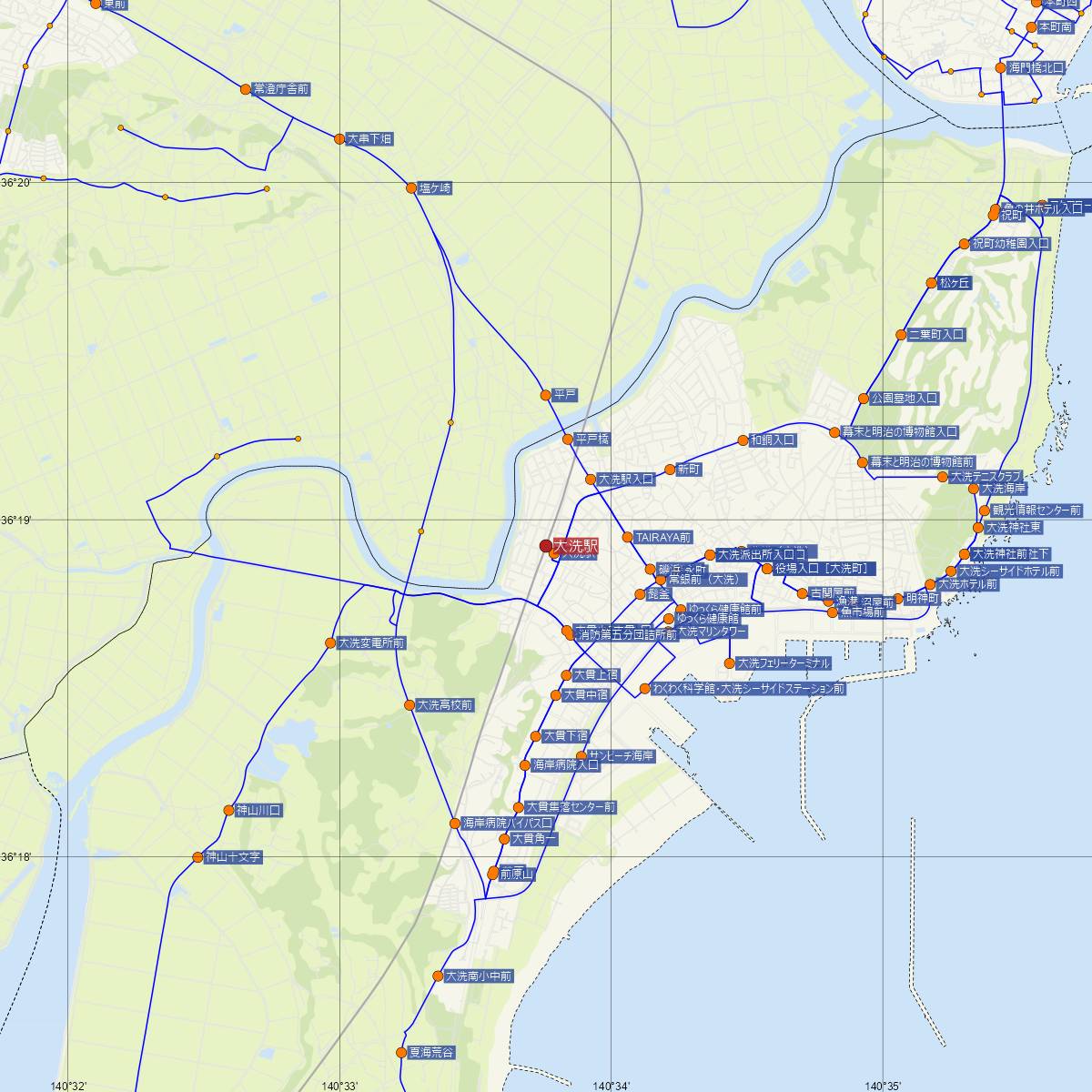 大洗駅（鹿島臨海鉄道）周辺のバス路線図