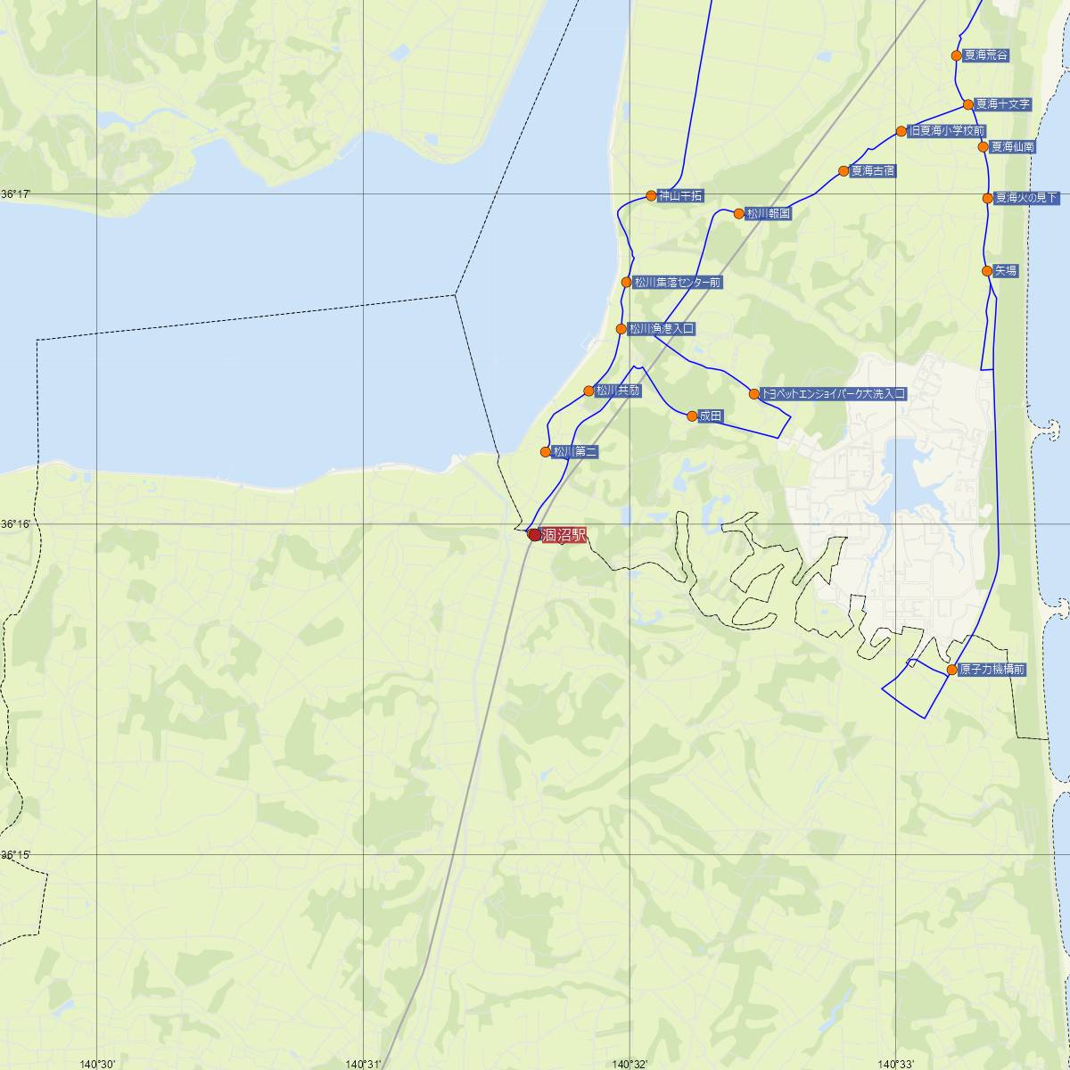 涸沼駅（鹿島臨海鉄道）周辺のバス路線図