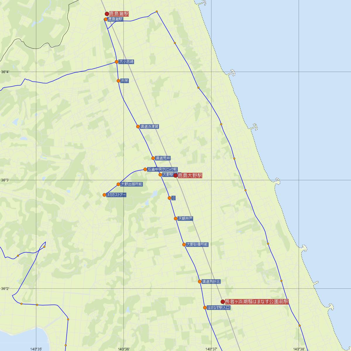 鹿島大野駅（鹿島臨海鉄道）周辺のバス路線図