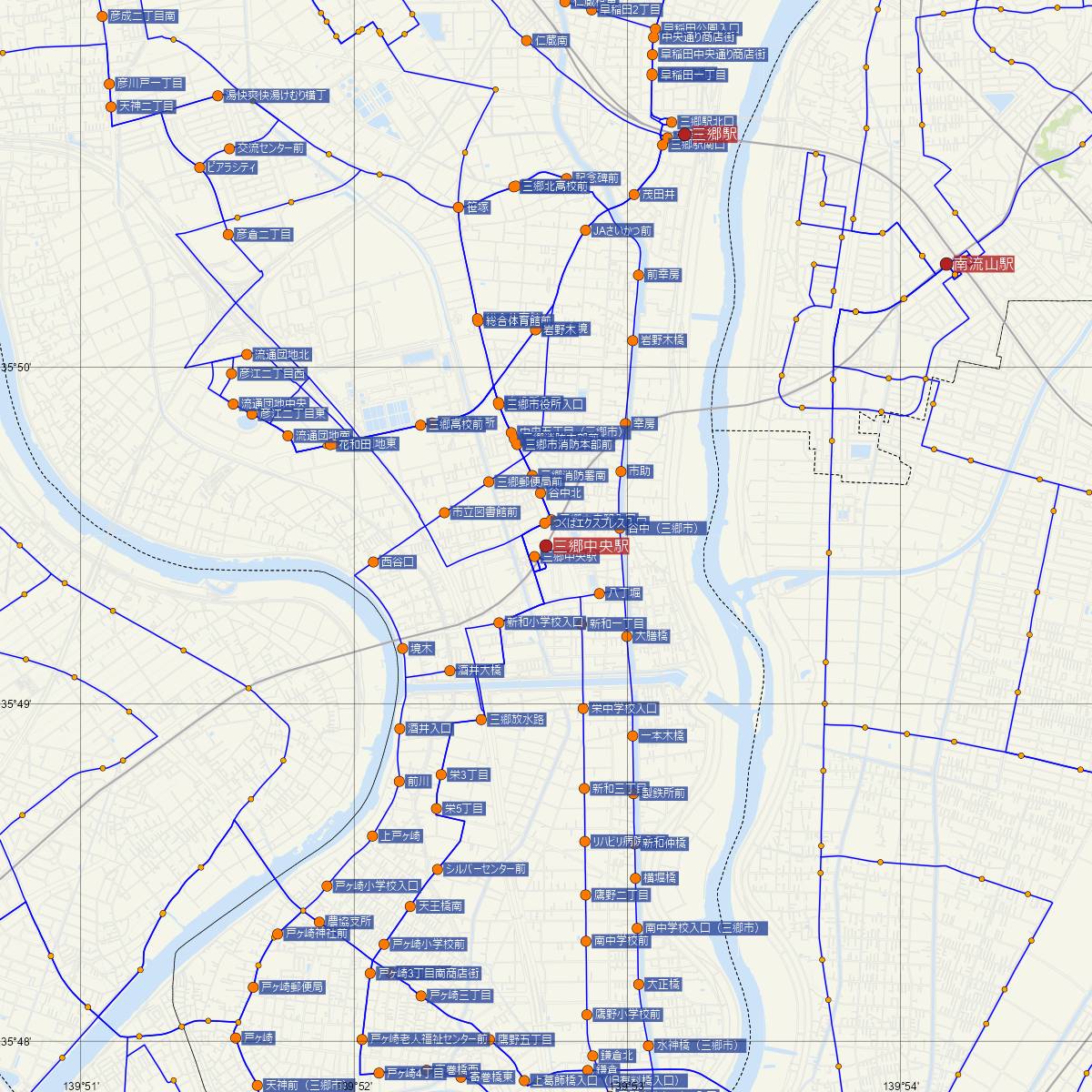 三郷中央駅（つくばエクスプレス）周辺のバス路線図