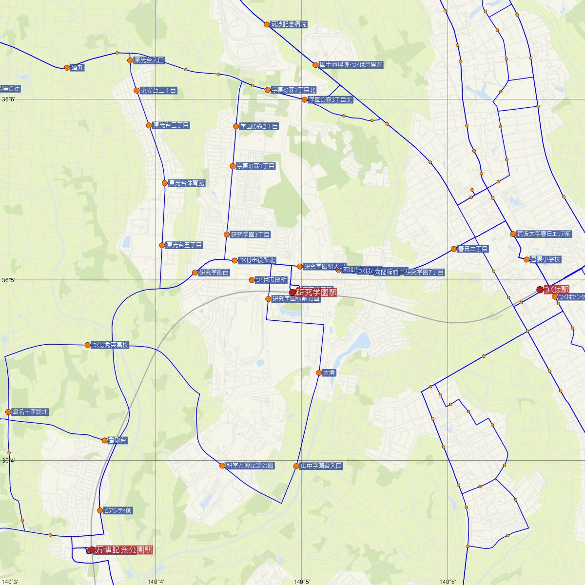研究学園駅（つくばエクスプレス）周辺のバス路線図