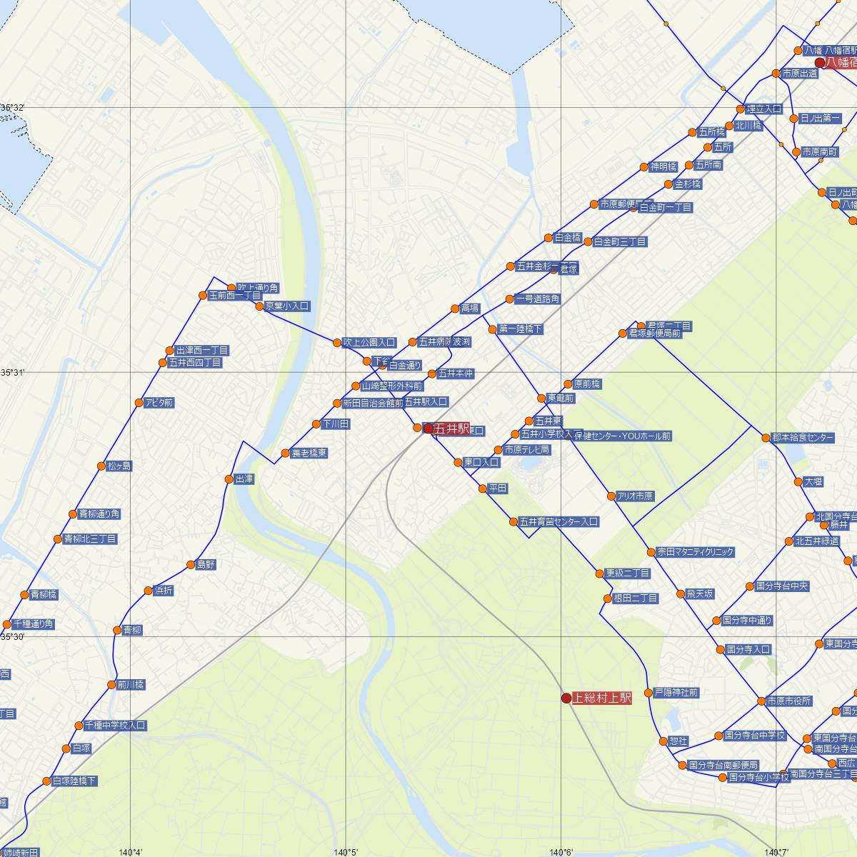 五井駅（小湊鐵道）周辺のバス路線図