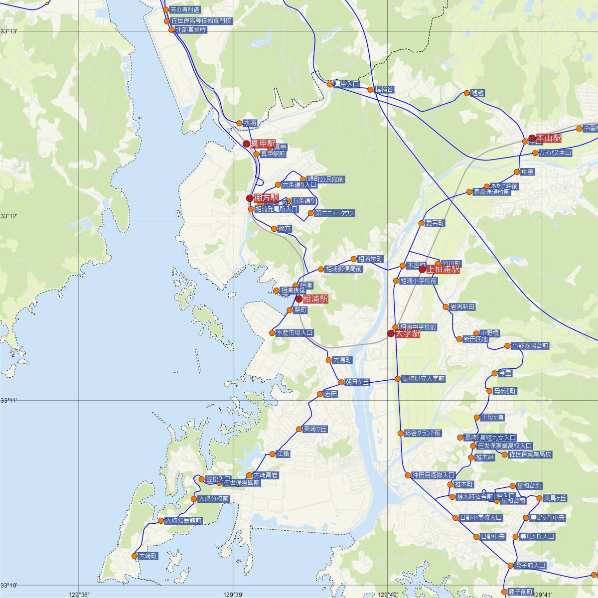 相浦駅（松浦鉄道）周辺のバス路線図