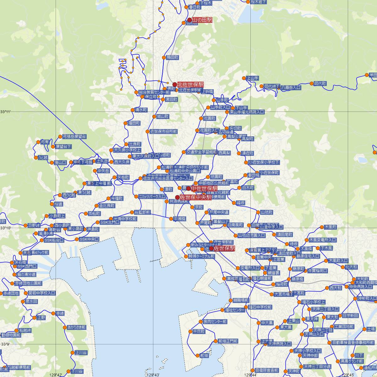 中佐世保駅（松浦鉄道）周辺のバス路線図