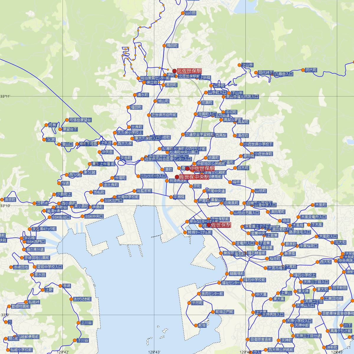 佐世保中央駅（松浦鉄道）周辺のバス路線図