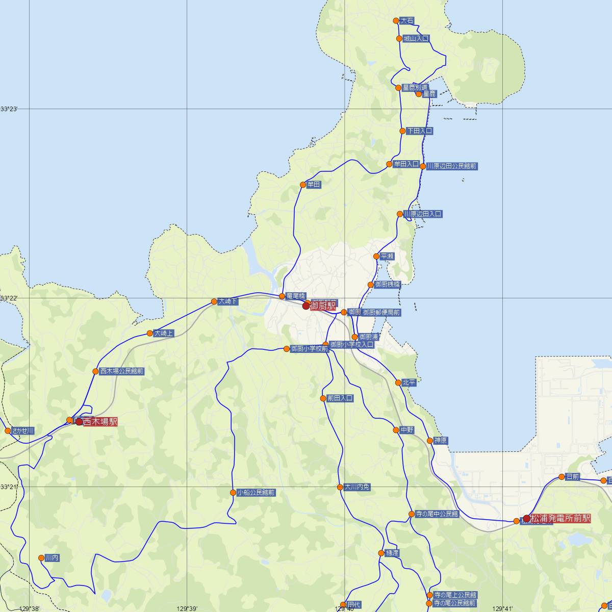 御厨駅（松浦鉄道）周辺のバス路線図