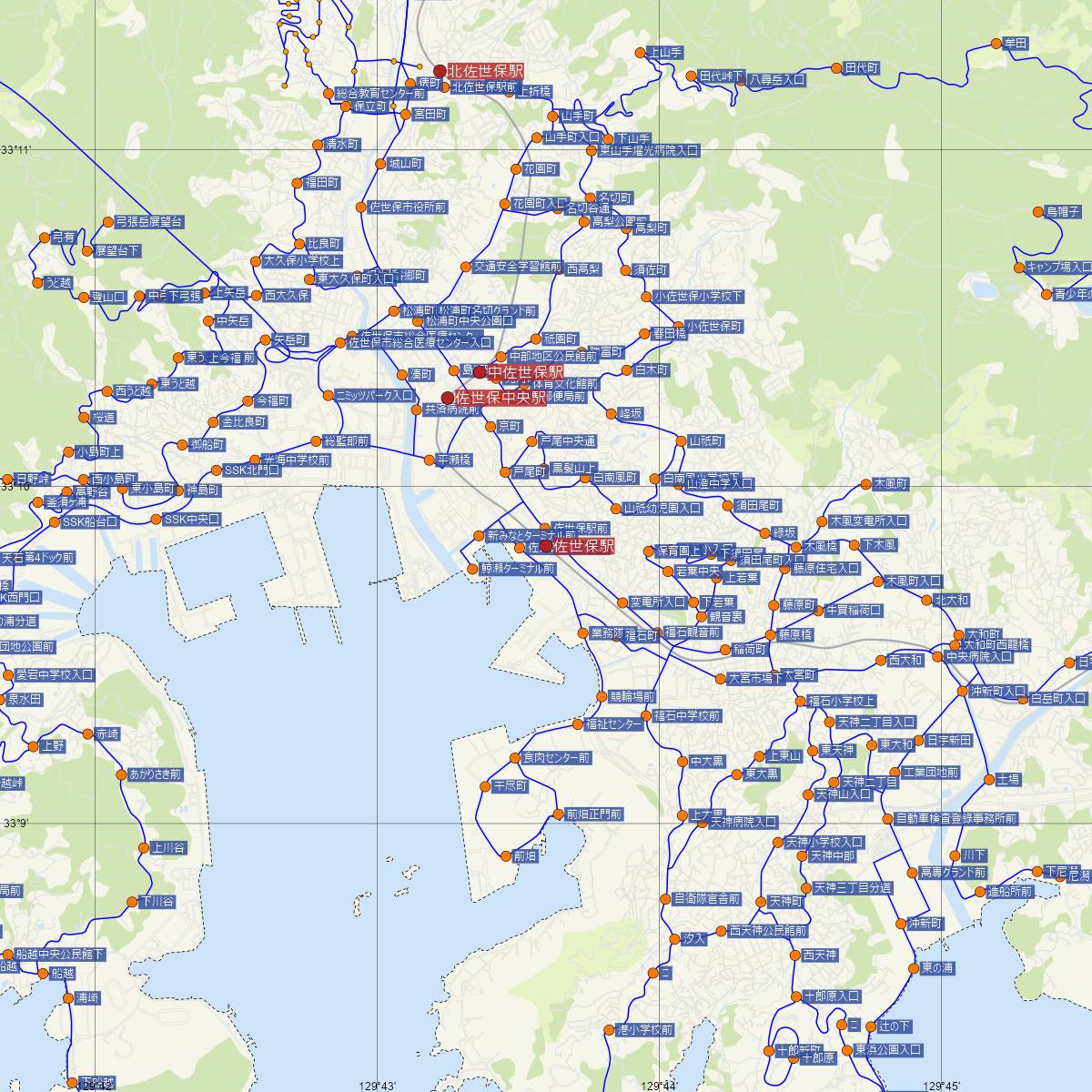 佐世保駅（松浦鉄道）周辺のバス路線図