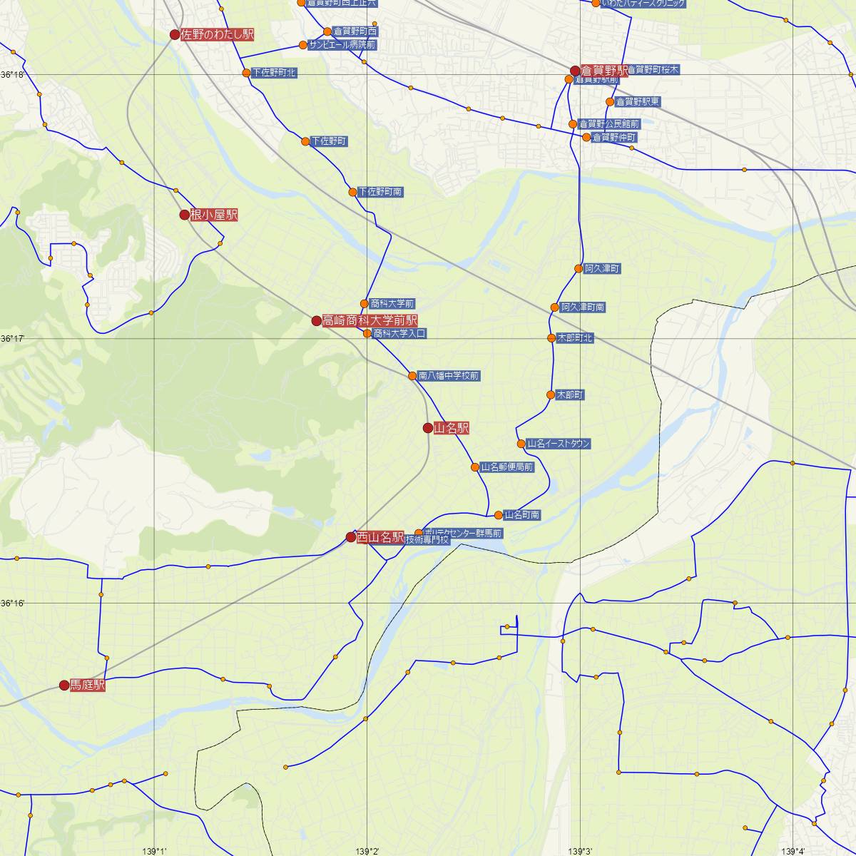山名駅（上信線）周辺のバス路線図