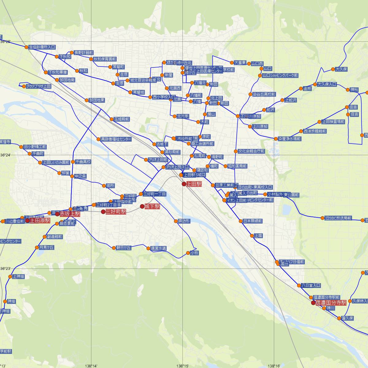 上田駅（上田電鉄）周辺のバス路線図