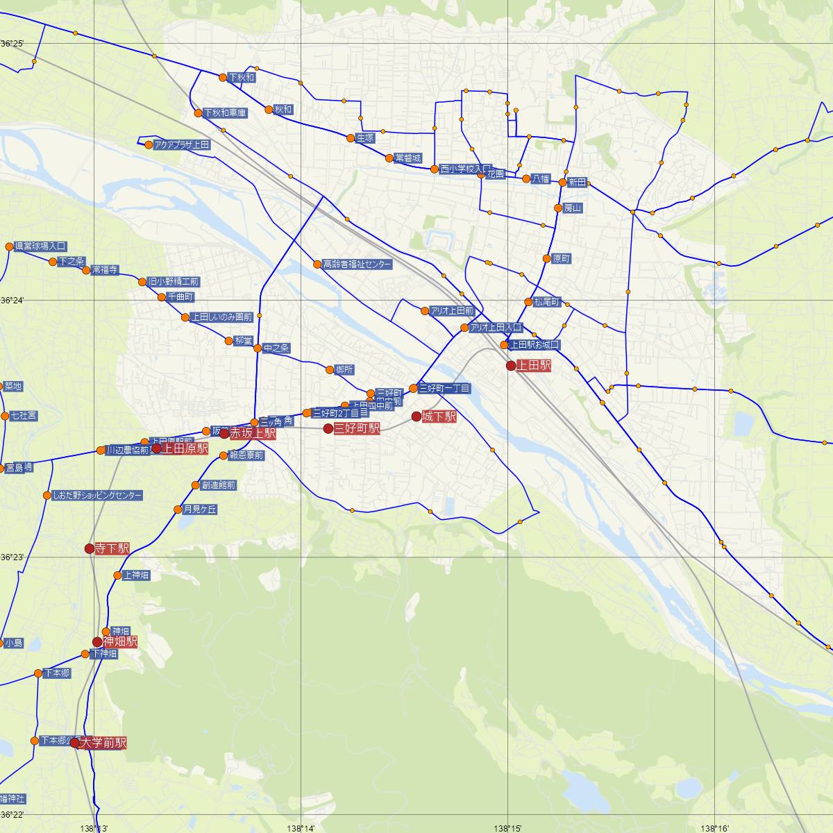 城下駅（上田電鉄）周辺のバス路線図