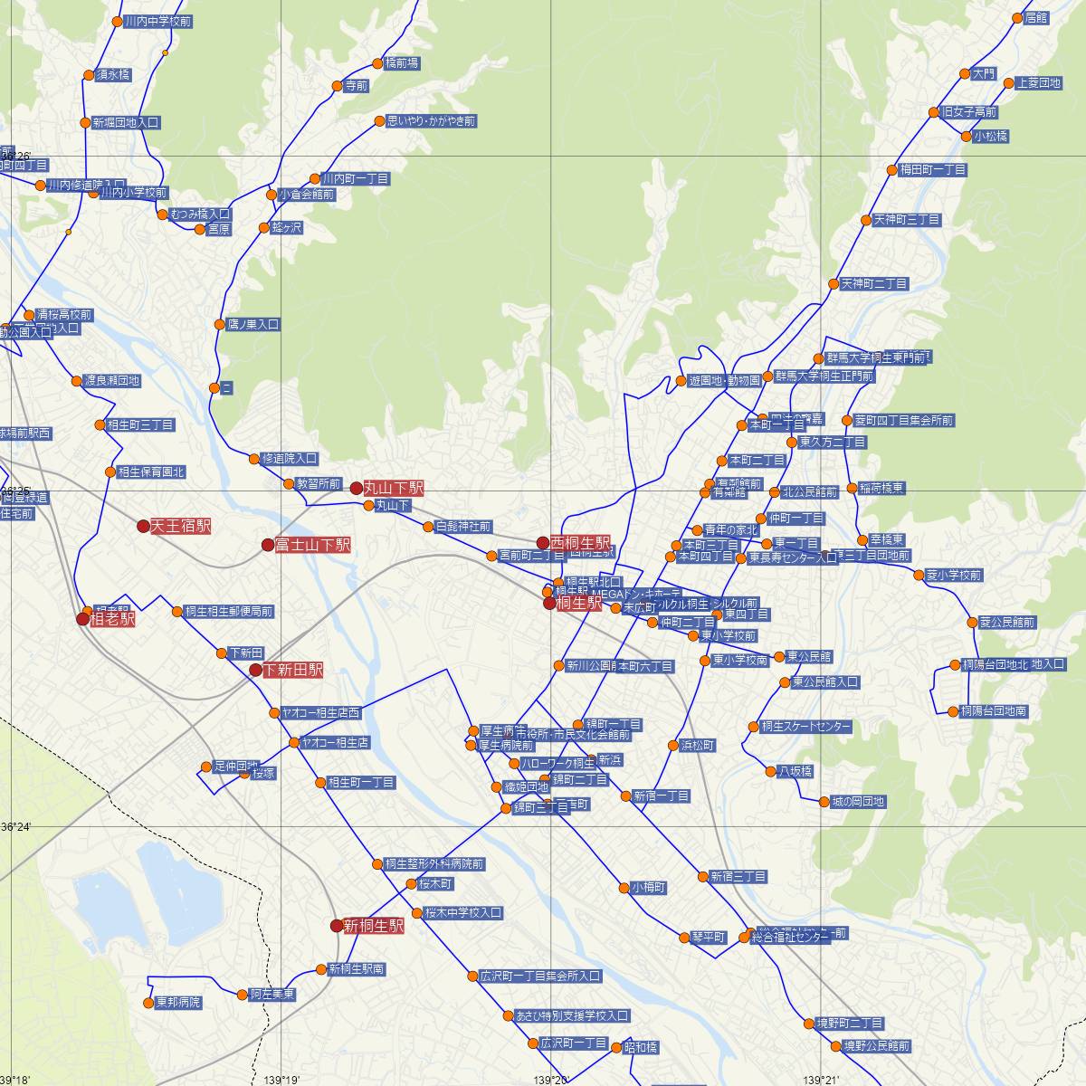 西桐生駅（上毛線）周辺のバス路線図