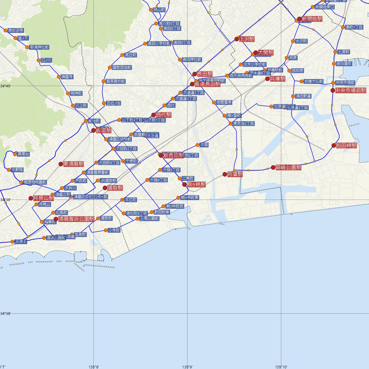 駒ヶ林駅（神戸市営地下鉄）周辺のバス路線図