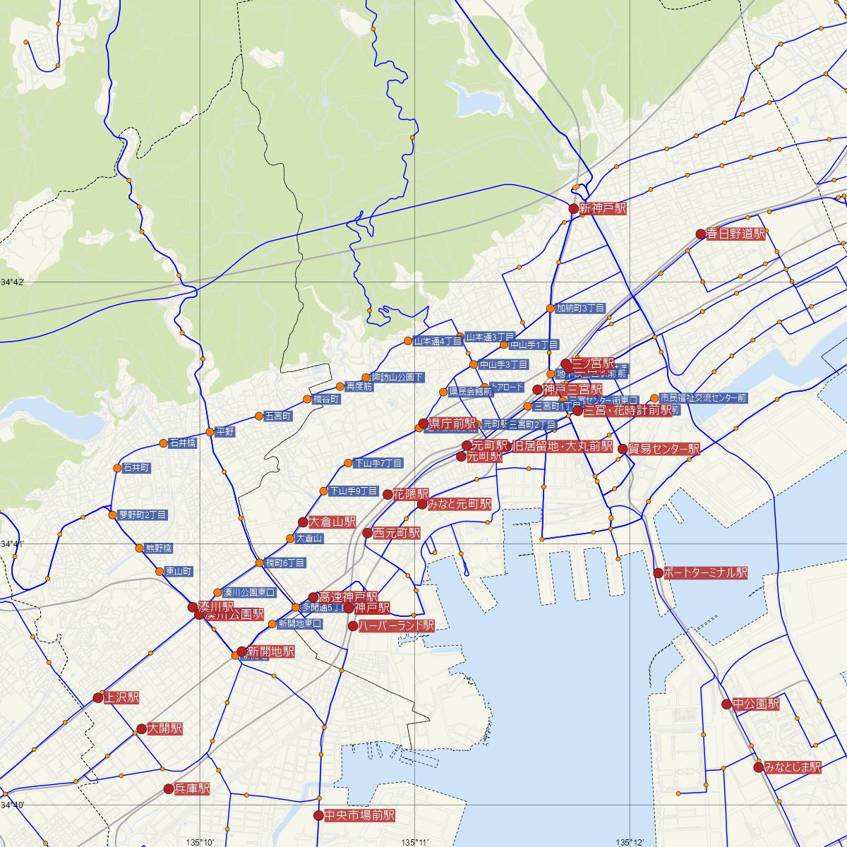 県庁前駅（神戸市営地下鉄）周辺のバス路線図