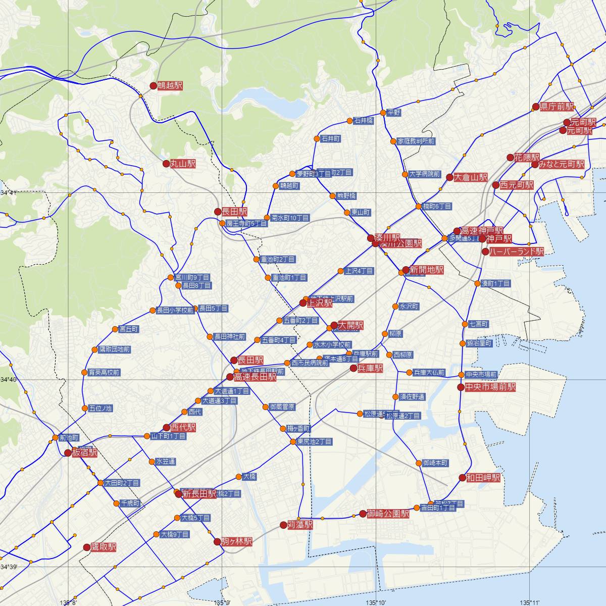 上沢駅（神戸市営地下鉄）周辺のバス路線図