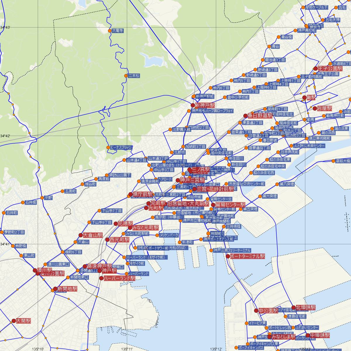 三宮駅（神戸市営地下鉄）周辺のバス路線図