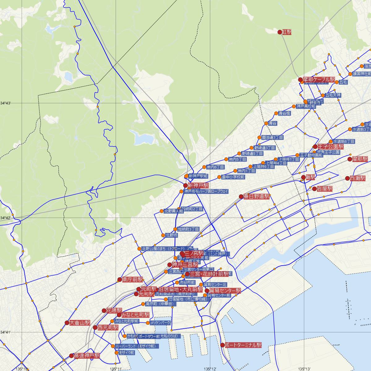 新神戸駅（神戸市営地下鉄）周辺のバス路線図