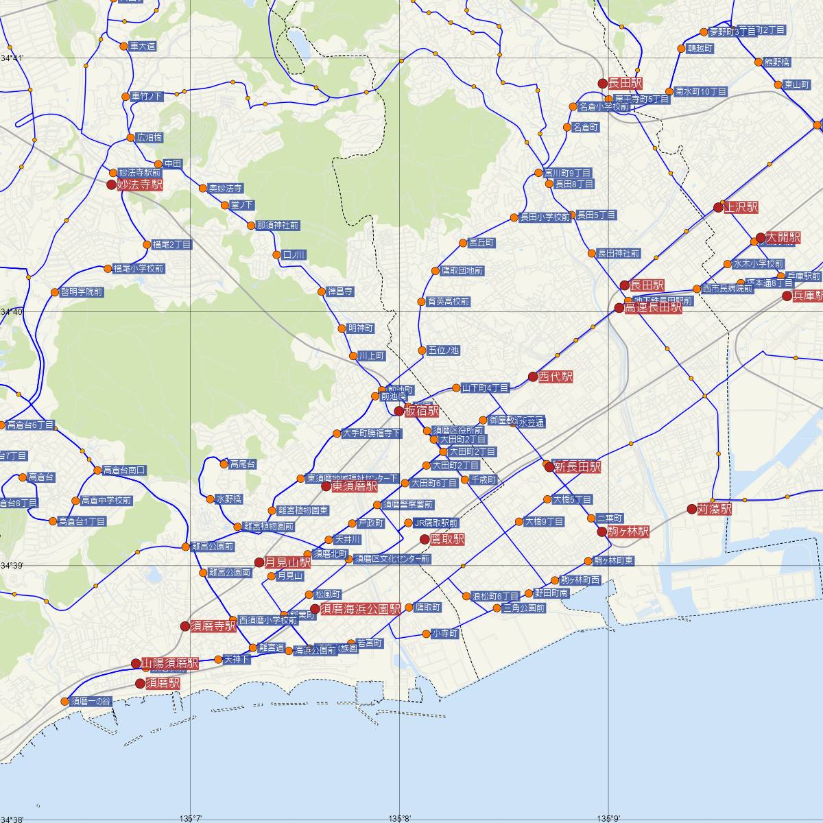 板宿駅（神戸市営地下鉄）周辺のバス路線図