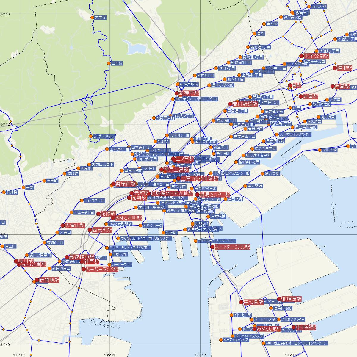 三宮・花時計前駅（神戸市営地下鉄）周辺のバス路線図