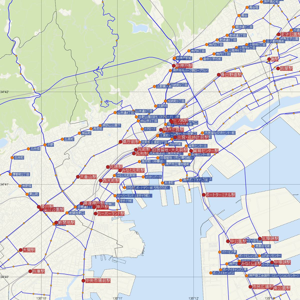 旧居留地・大丸前駅（神戸市営地下鉄）周辺のバス路線図