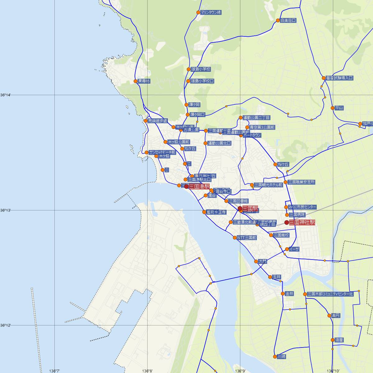 三国港駅（えちぜん鉄道）周辺のバス路線図