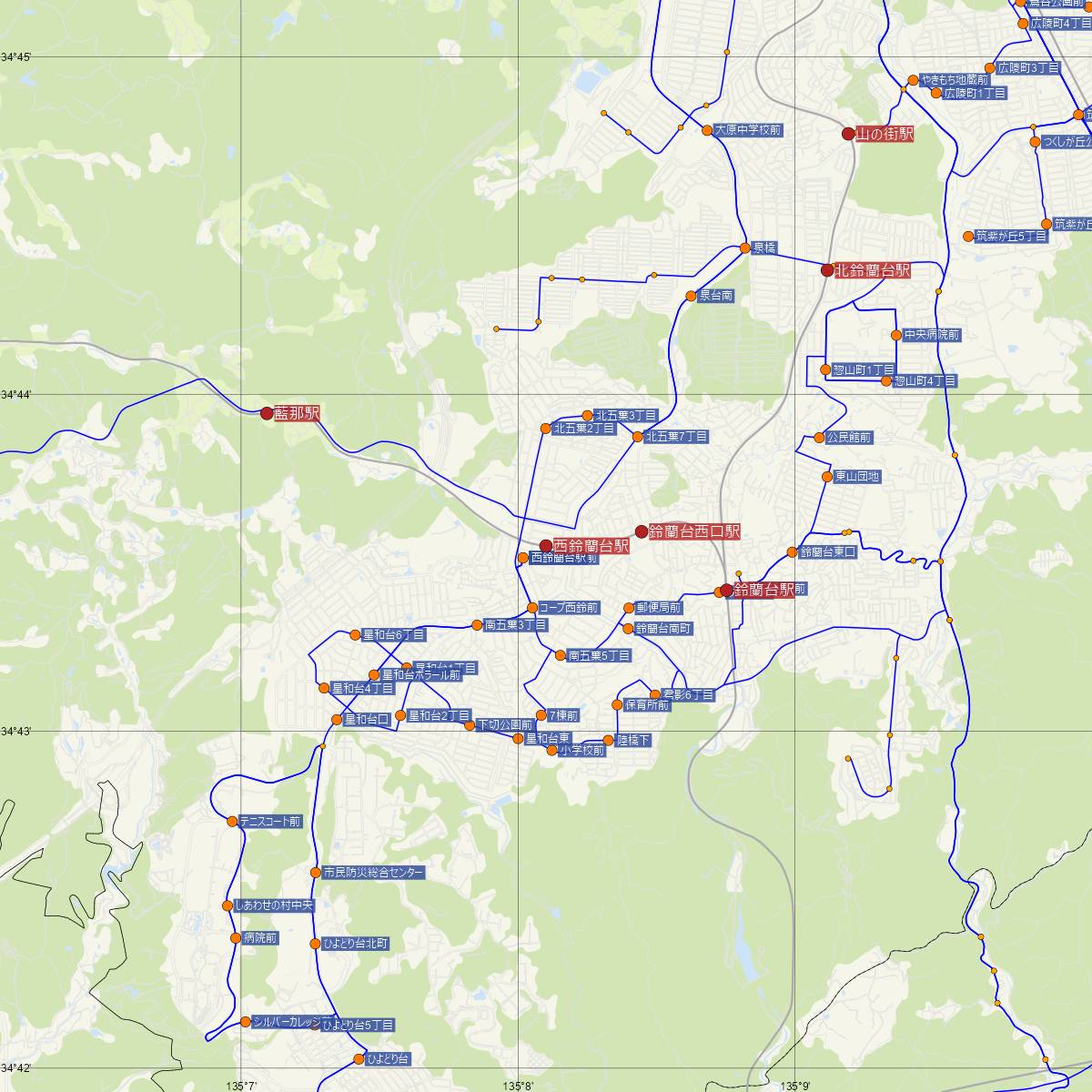西鈴蘭台駅（神戸電鉄）周辺のバス路線図