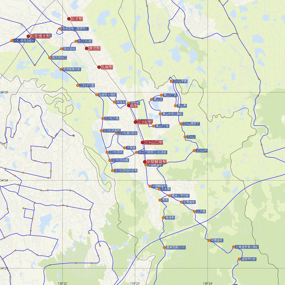三ヶ山口駅（水間線）周辺のバス路線図