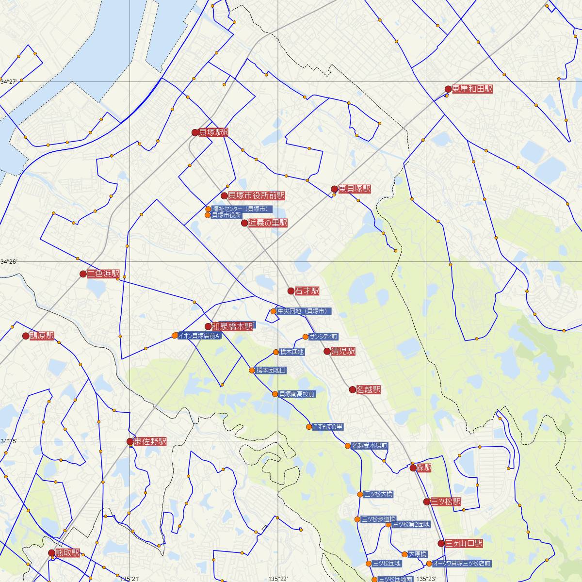 石才駅（水間線）周辺のバス路線図