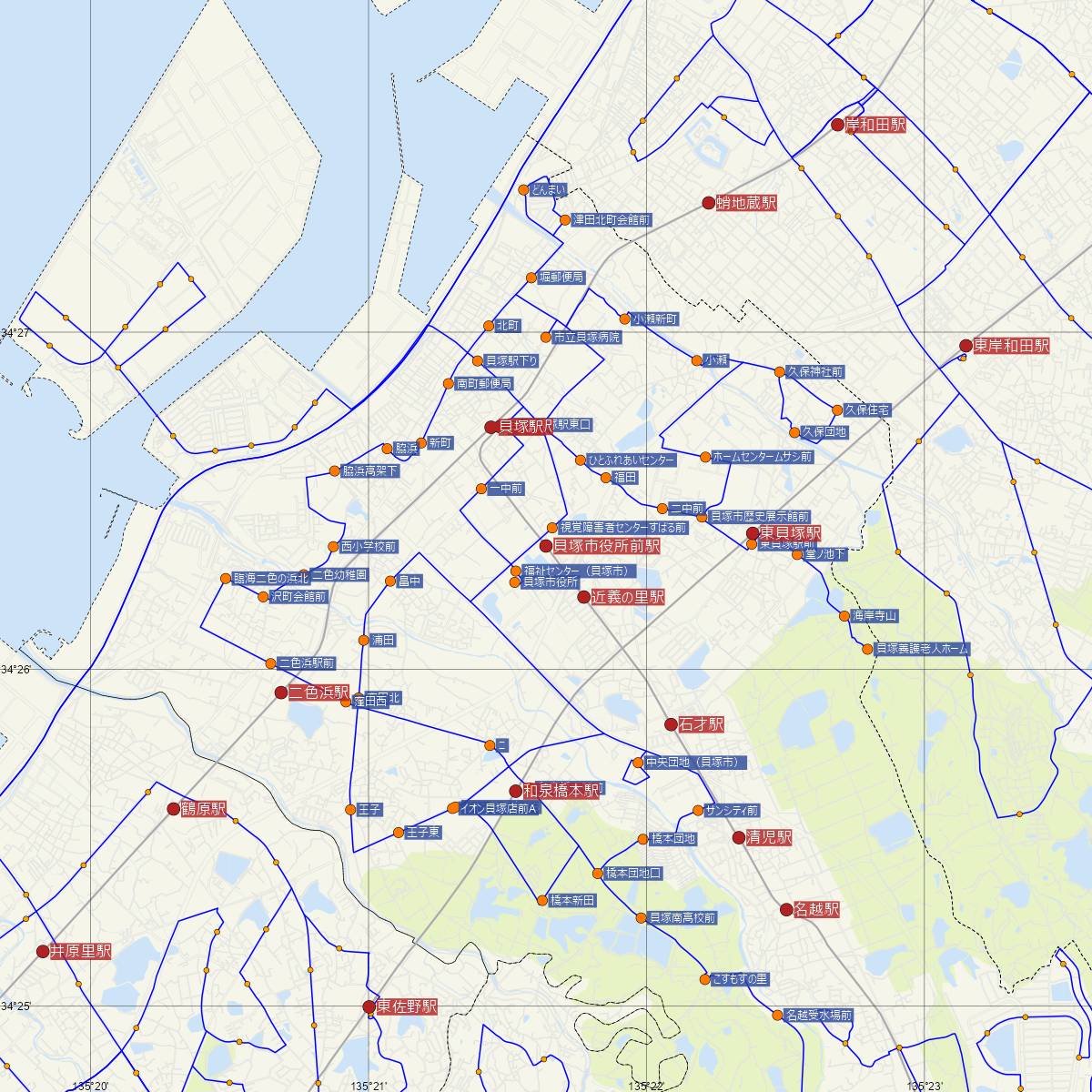 貝塚市役所前駅（水間線）周辺のバス路線図